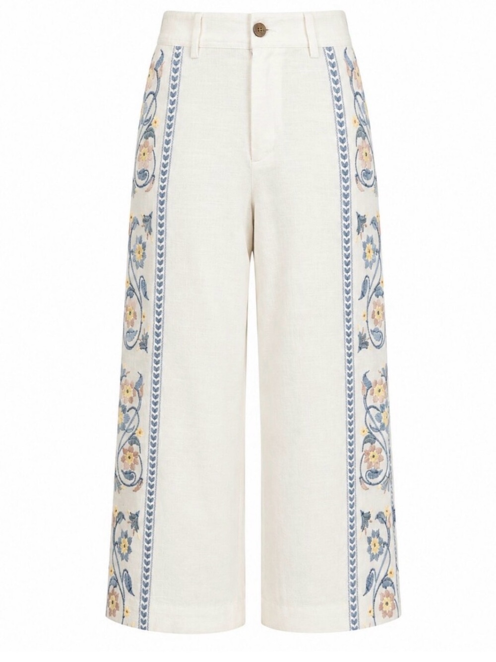 Calypso St. Barth Flower Embroidered Wide-Leg Cream Linen Pants NWT - Picture 2 of 8